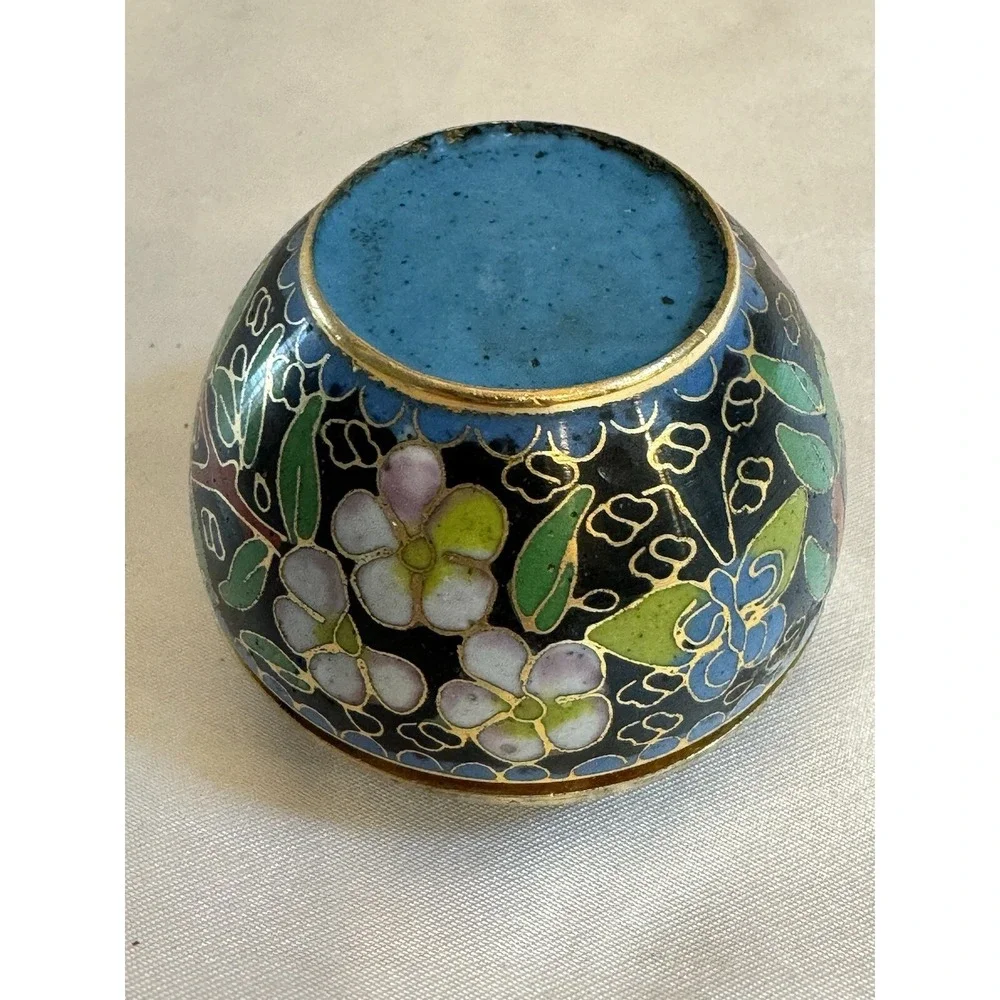 Vintage Bird Deer Cloisonné Blue Enamel On Brass Trinket or Pill Box Round